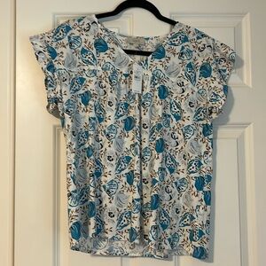 Flutter sleeve top blue and brown print size medium